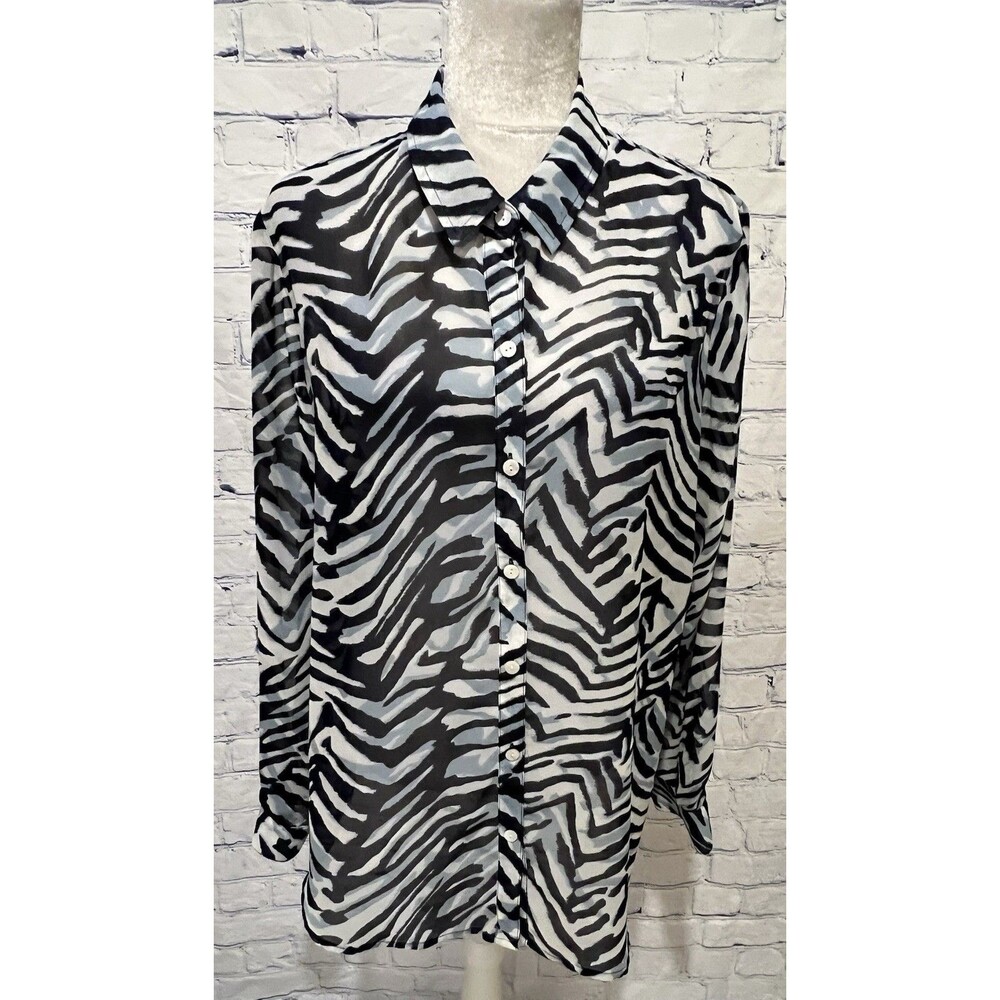 Chico’s Shirt Women’s Black White Gray Print Long Sleeve Button Down Size 2/L/12